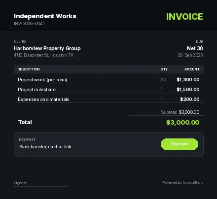 Neon Ledger invoice template, filled in as an example