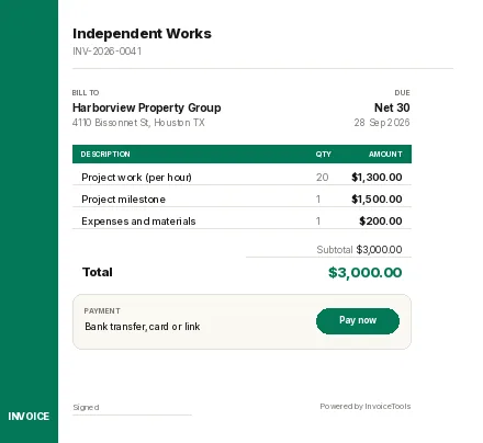 Verdant Rail invoice template, filled in as an example