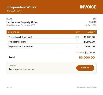 Trade Volt invoice template, filled in as an example